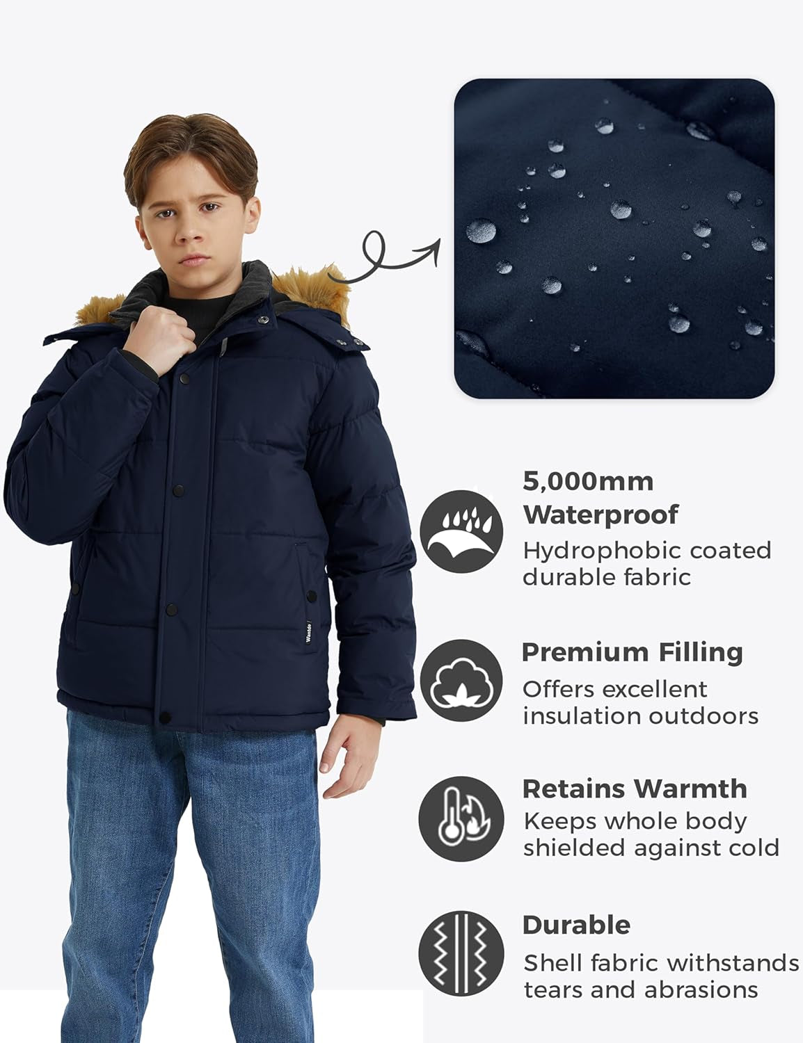 Boys' Winter Coat Warm Puffer Coat Waterproof Winter Jacket with Faux Fur Hood
