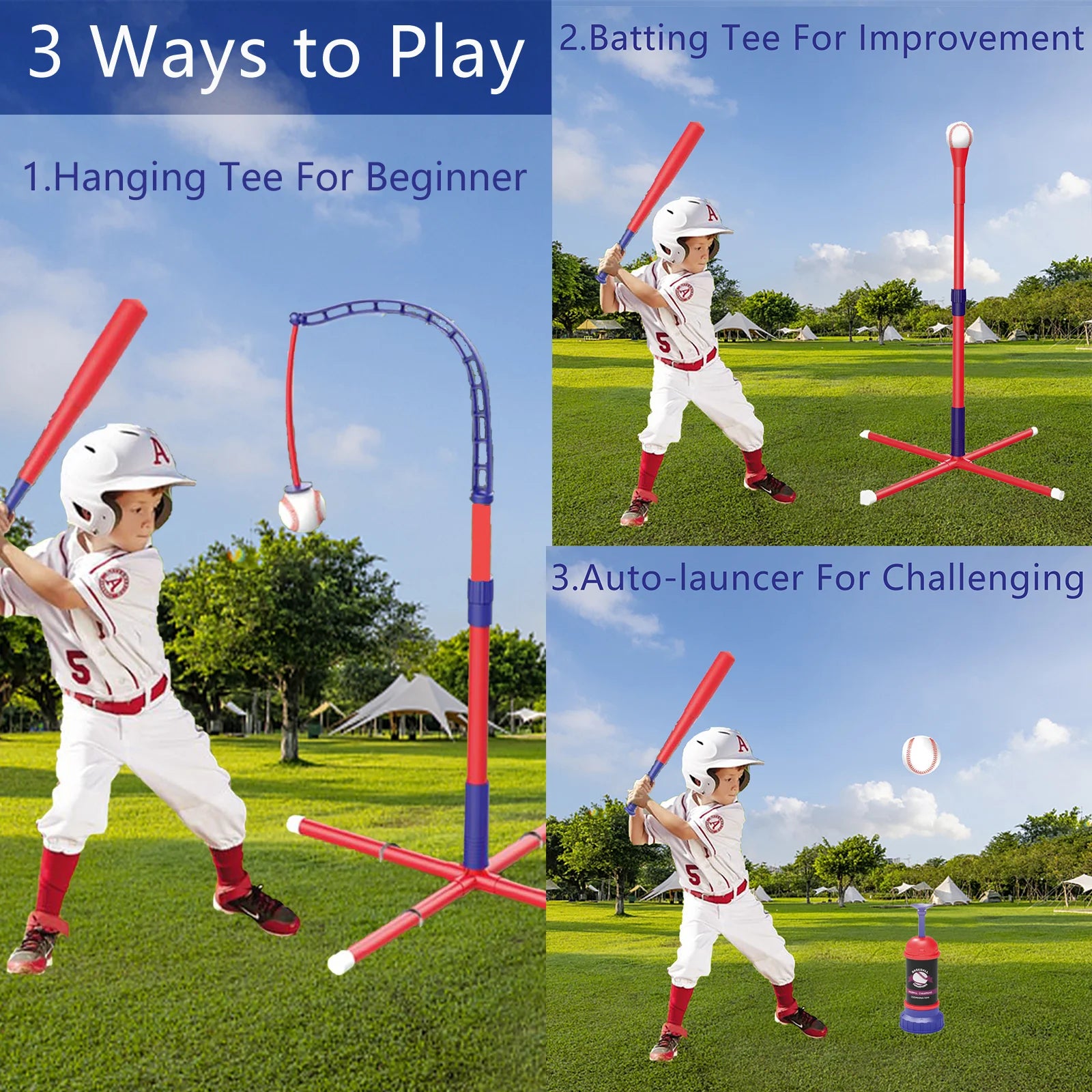 3 in 1 T Ball Set - Adjustable Height, Hanging Tee Ball Set with Automatic Pitching Machine/4 Balls/Retractable Bat, T Ball Stand Suit for Outdoor, Sport Toys Gifts for Kids Boys Age 3+