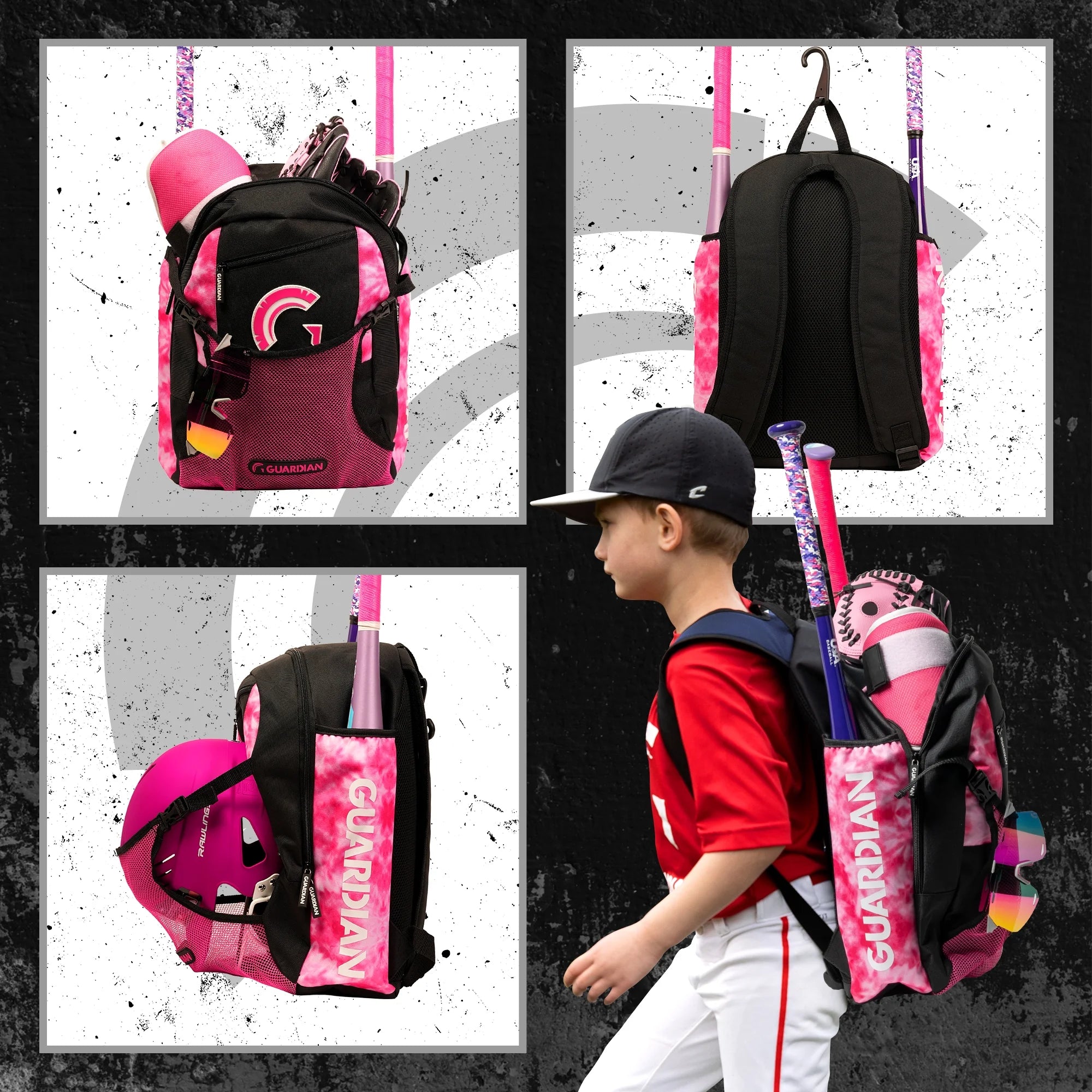 Backpack for Youth, Softball Bag for Girls, Durable Bat Bags Baseball Youth Boys and Girls, Tball Bag – Includes Hook to Hang on Fence - White/Pink Tie Dye