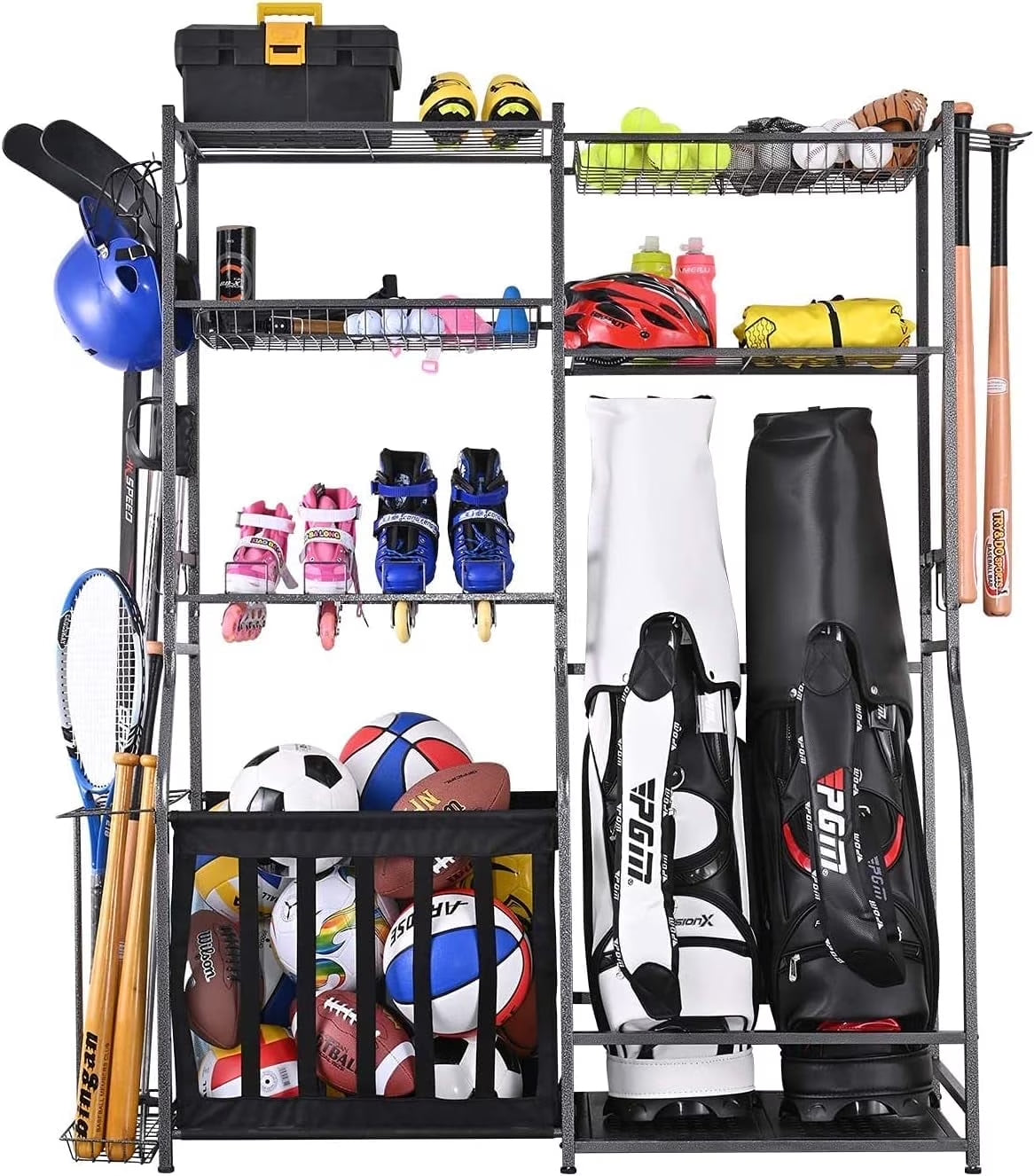 Garage Sports Equipment Storage, 2 Golf Bag Storage Rack, Garage Ball Organizer Rack