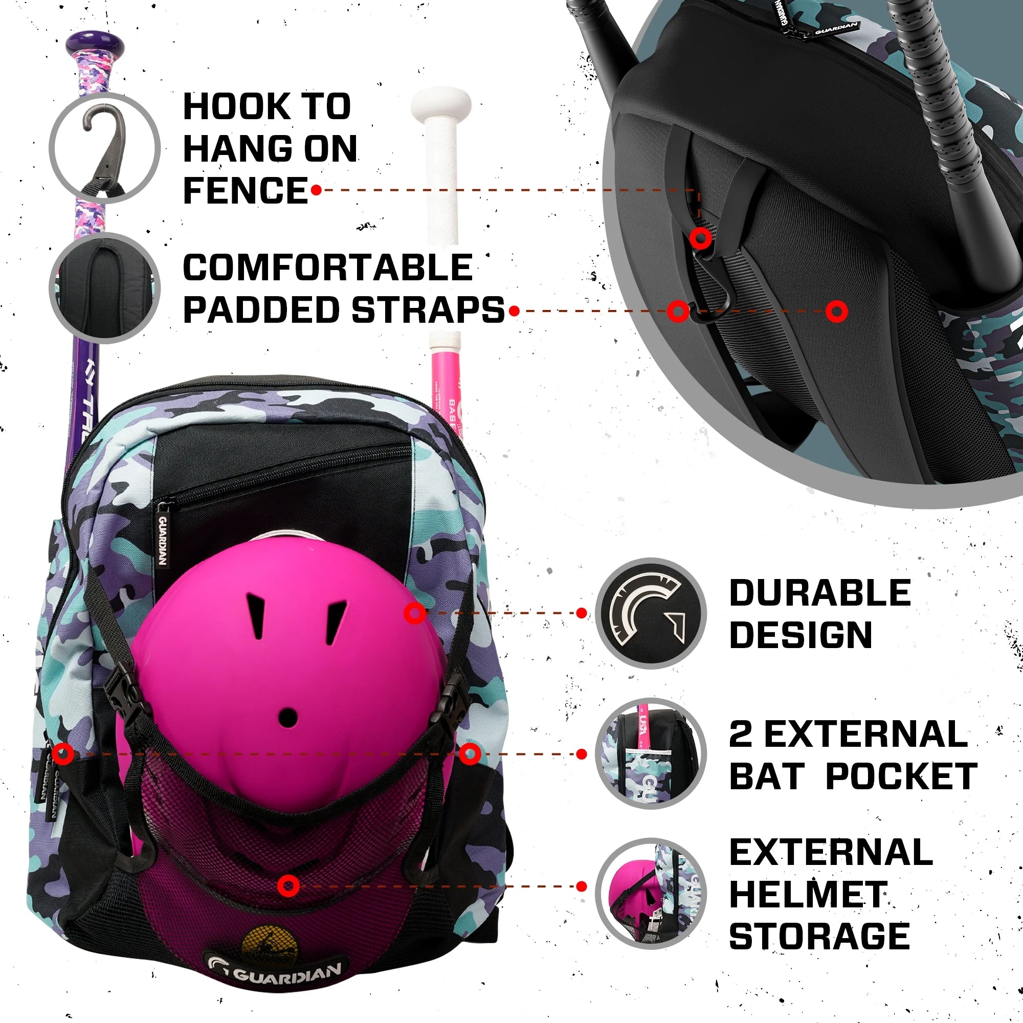 Backpack for Youth, Softball Bag for Girls, Durable Bat Bags Baseball Youth Boys and Girls, Tball Bag – Includes Hook to Hang on Fence - Pastel Multi