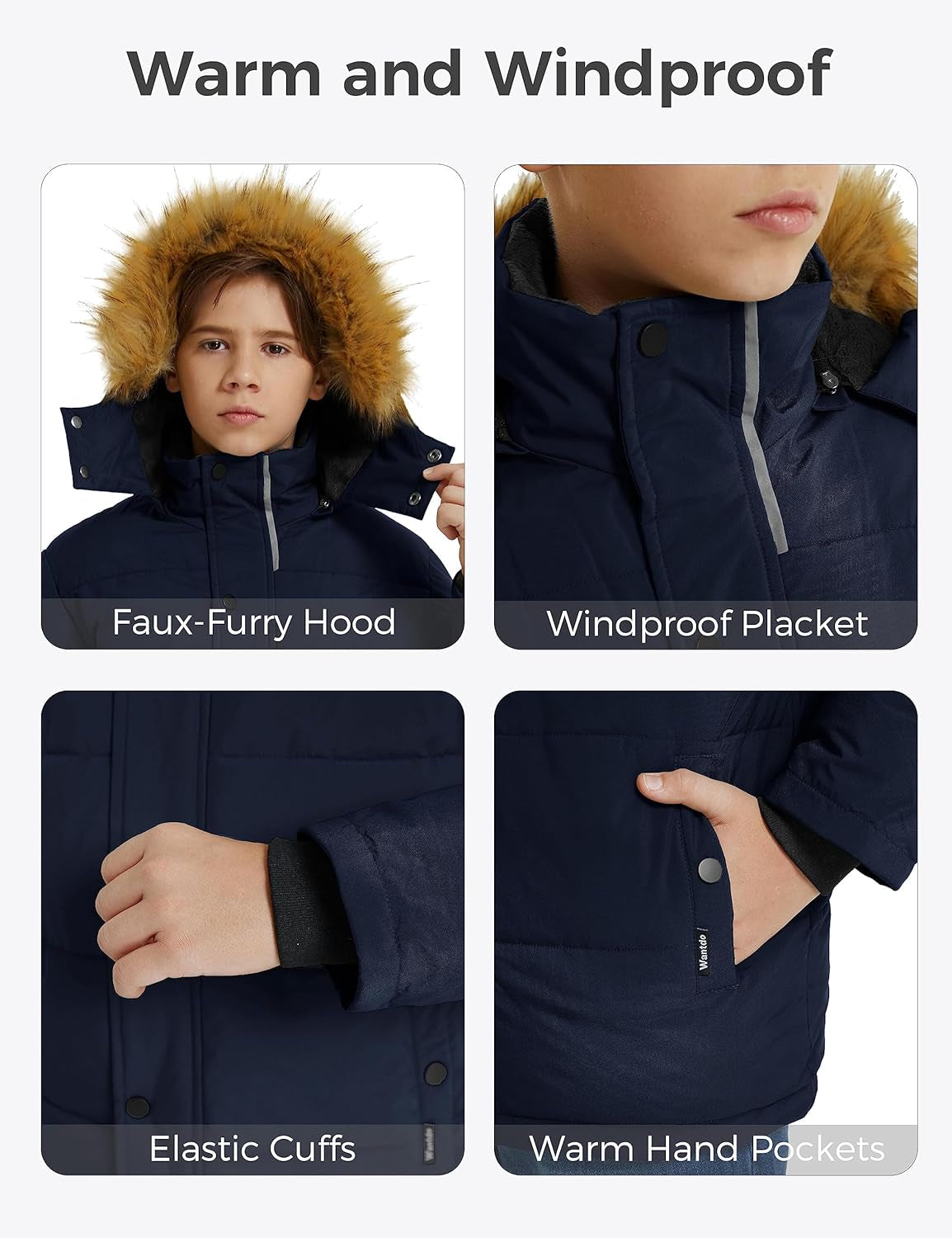 Boys' Winter Coat Warm Puffer Coat Waterproof Winter Jacket with Faux Fur Hood