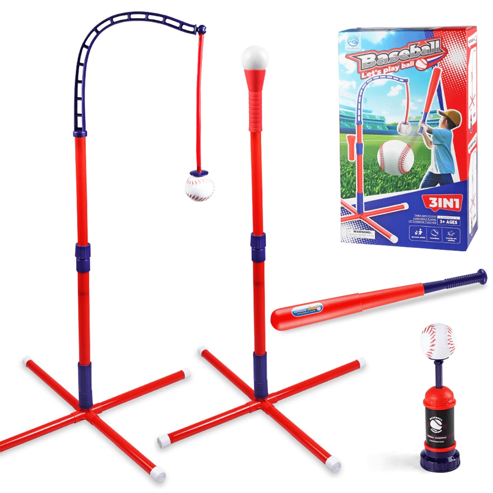 3 in 1 T Ball Set - Adjustable Height, Hanging Tee Ball Set with Automatic Pitching Machine/4 Balls/Retractable Bat, T Ball Stand Suit for Outdoor, Sport Toys Gifts for Kids Boys Age 3+