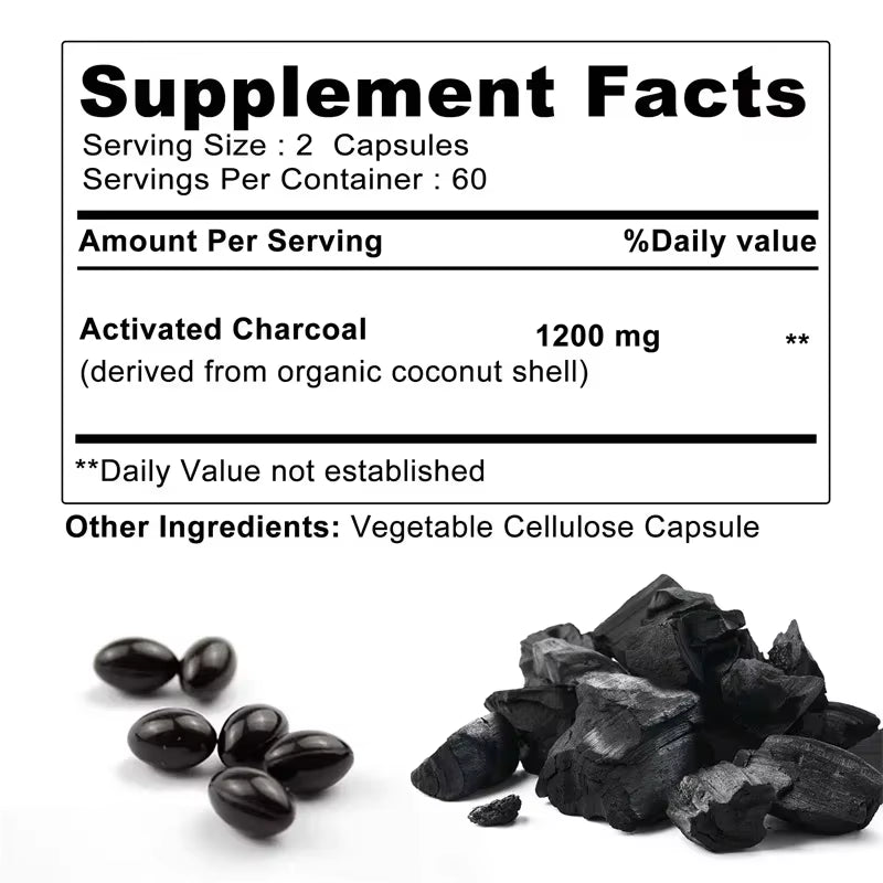 Organic Coconut Activated Charcoal Capsules - Helps Relieve Gas & Bloating, Detox and Lubricating, for Normal Bowel Function