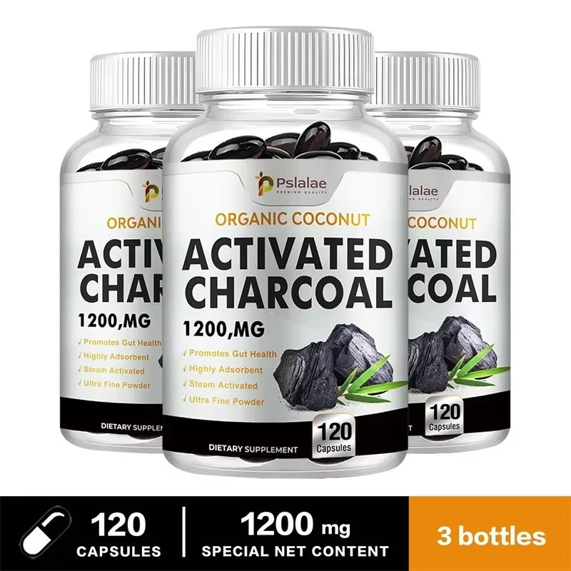 Organic Coconut Activated Charcoal Capsules - Helps Relieve Gas & Bloating, Detox and Lubricating, for Normal Bowel Function