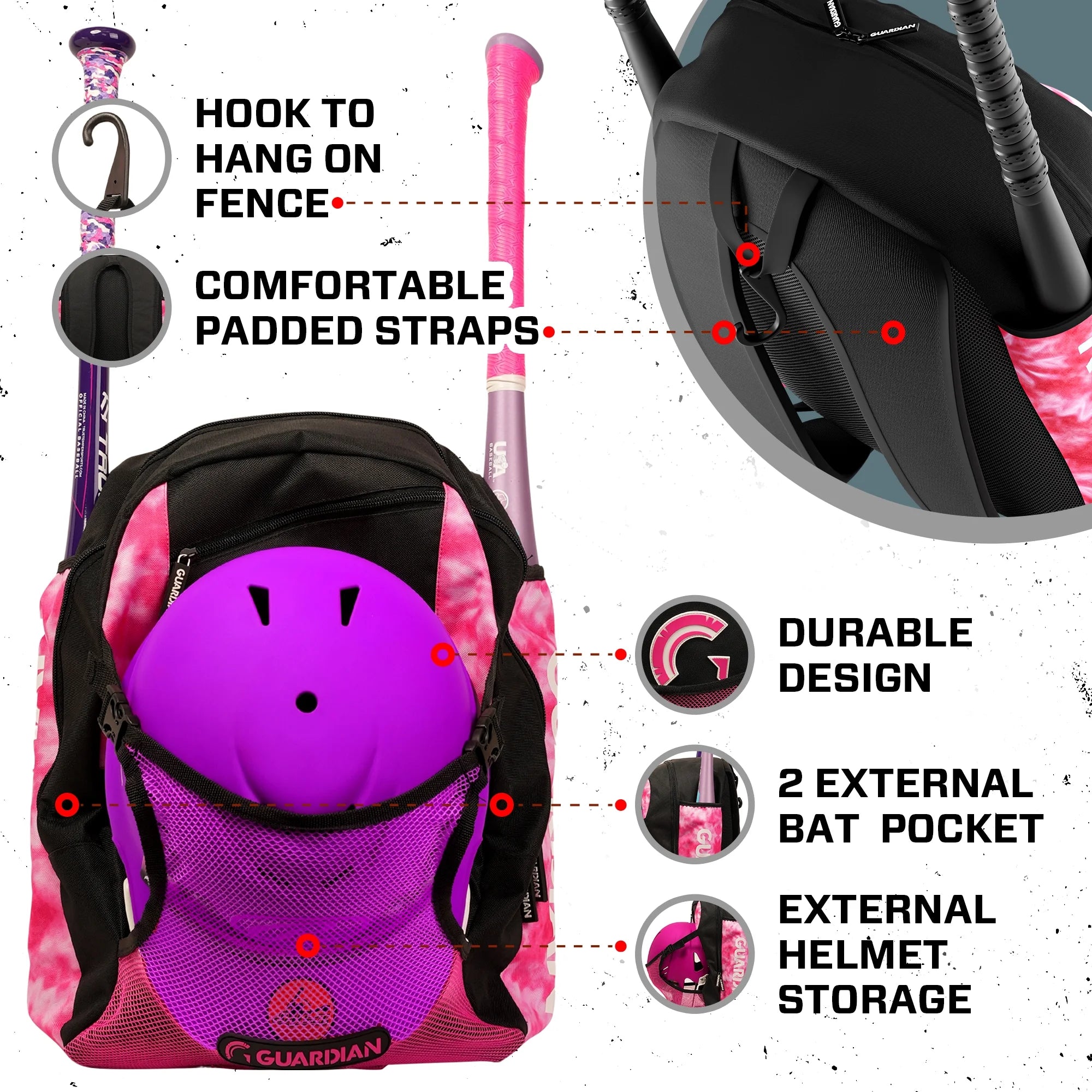 Backpack for Youth, Softball Bag for Girls, Durable Bat Bags Baseball Youth Boys and Girls, Tball Bag – Includes Hook to Hang on Fence - White/Pink Tie Dye